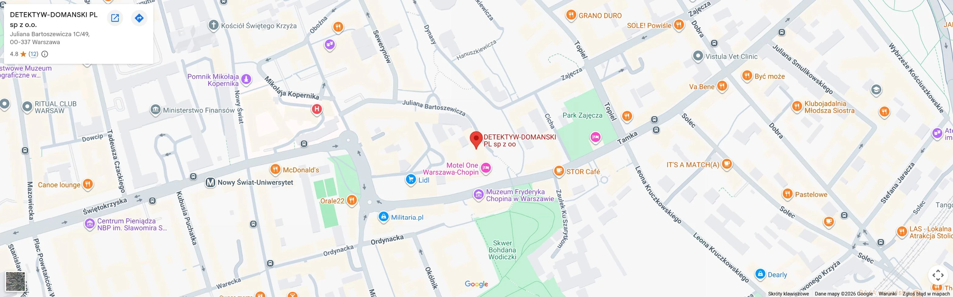 Mapa Google z lokalizacją biura detektywistycznego przy ul. Juliana Bartoszewicza 1C w Warszawie